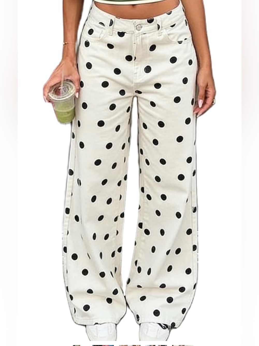 Cream Wide-Leg Pants with Black Polka Dots